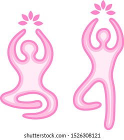 Two pink silhouettes of people doing yoga (lotus pose and tree pose, vrikshasana), with lotuses over their heads, vector graphics, vector illustration