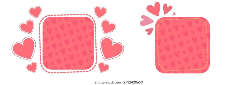 Dos Plantillas de marco cuadrado rosa con bordes punteados y patrones de corazón en el interior. Elementos decorativos del corazón para tarjetas de felicitación románticas, pegatinas de redes sociales o diseños de baby shower aislados sobre fondo blanco.