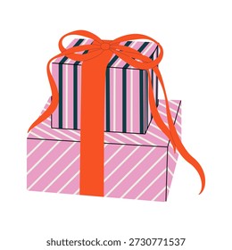 Two pink striped gift boxes stacked on top of each other, wrapped with a wide orange ribbon and bow on a white background. A festive gift box for Women's Day, Valentine's Day, Christmas, birthdays