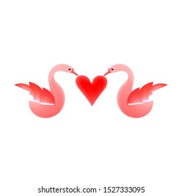 Two pink swans holding a red heart .Isolated. Vector illustration