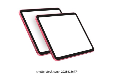 Two Pink Tablet Mockups With Blank Screens, Perspective Side View. Vector Illustration