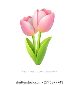 Two pink tulip flowers with green leaves. Soft pastel 3D spring vector illustration