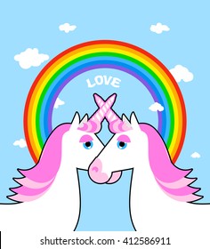 Two pink unicorn and rainbow love. Symbol of LGBT community. Fantastic animal symbol of homosexual love. Blue sky and white clouds. mythical creature
