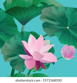 Two pink water lotus on stalks with leaves on a blue background. Seamless pattern.Tropical flowers. Vector illustration, objects with transparency. Invitation, card. EPS10