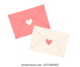 Two pink and white color love letters with heart seals on them isolate on white background. Concept of wedding invitation envelope, love letter