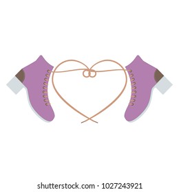 Two Pink Women's Of Shoes With Tangled Shoelaces In Shape Heart. City Fashionable Youth Shoes. Two Sneakers Intertwined Shoelaces. Women Casual Footwear. Isolated Flat Vector Illustration.