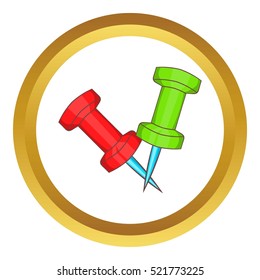 Two pins vector icon in golden circle, cartoon style isolated on white background