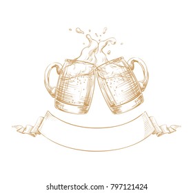 Two Pint Beer, Ale Glasses clink at a Toast with a Splash of beer foam, Ribbon for text below. Hand drawn illustration for design menu restaurants, pubs, bar, brewery, Festival posters. Vector, Sepia 