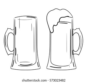 two pint glasses of beer, full and empty