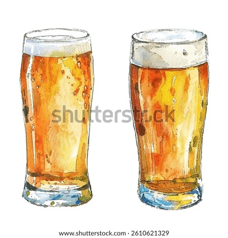 Two pint glasses filled with golden amber beer vector illustration. Foamy heads and light reflections. Saint Patrick's Day beer drinks.