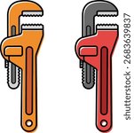 Two pipe wrenches, one orange and one red, are shown against a white background. The tools are depicted in a clean, illustrative style.