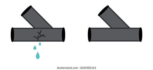 two pipes on one crack and dripping water arc whole, dark gray