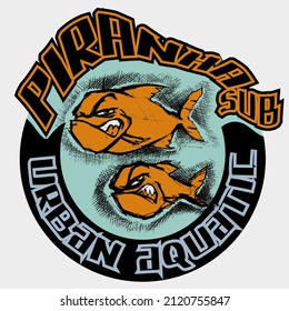 Two piranha fish mascots of a sub immersion team. Sub immersion mascot illustration concept.