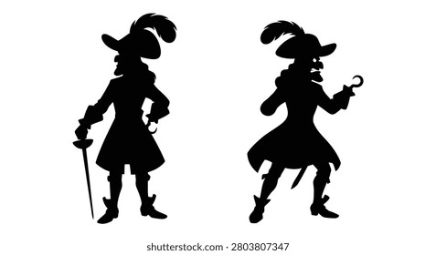 Two pirate figures in historical attire depicted as a black silhouette pirates buccaneer sea rover corsair mariner sailor naval