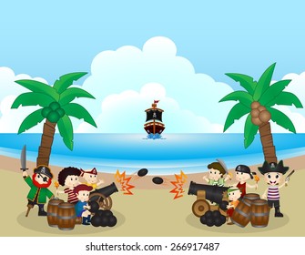 two pirate groups are fighting on the beach
