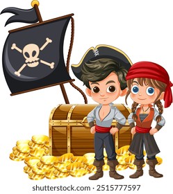 Two pirate kids standing by treasure chest