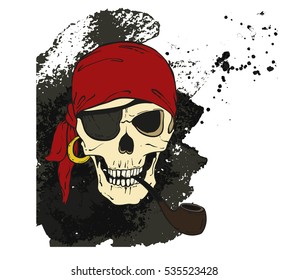 Two pirate skulls with hat, smoking pipe and eye patch. Vector illustration