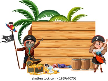 Two pirates cartoon character with an empty banner isolated on white background illustration