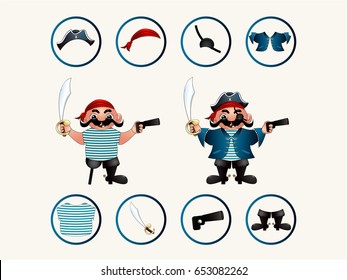 Two pirates with clothing items and weapons. Set of elements for layering. Vector illustration.