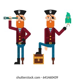 Two pirates with a parrot on hand and Chest of gold. Pirates isolated on white flat vector illustration. Pirates with beard and Spyglass.