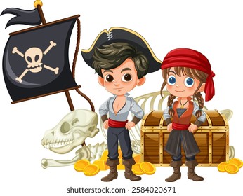 Two pirates standing with treasure and skeleton