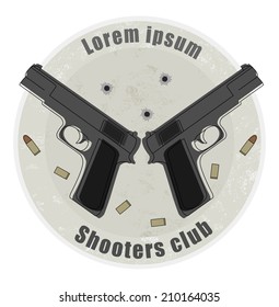 Two pistols and bullets emblem on stone background with bullet holes
