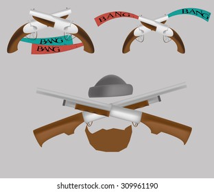 Two pistols and a shotgun with the text for the logo