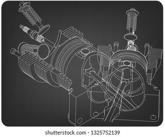 Two piston and valve on a gray background. Drawing
