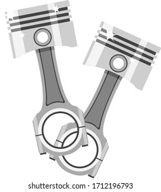 Two pistons with connecting rods, parts of an internal combustion engine on a white