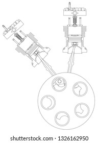 Two pistons and crankshaft on a white background