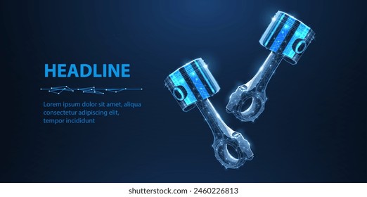 Two pistons on blue. Motor parts, Car engine, Pistons industry, Technical innovation, Auto mechanic, Crankshaft rod, piece concept. Abstract 3d vector illustration.