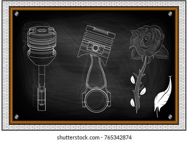 two pistons and a rose on a blackboard