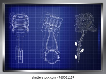 two pistons and a rose on a blue background