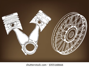 two pistons and a wheel on a brown background