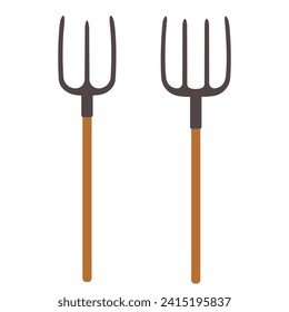 Two pitchforks with 3 and 4 prongs, isolated vector illustration. Gardening and agriculture equipment symbol. Flat cartoon icon.