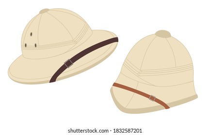 Two pith helmets for tourists, hunters and explorers. Safari sun hats. Vector flat illustration