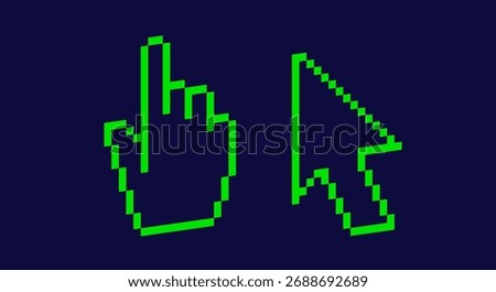 Two pixel art 3d green simbols - arrow and gesture.