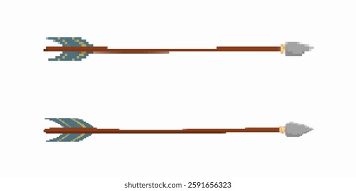 Two pixel art arrows with feathers and stone tips, offering retro style for gaming designs.