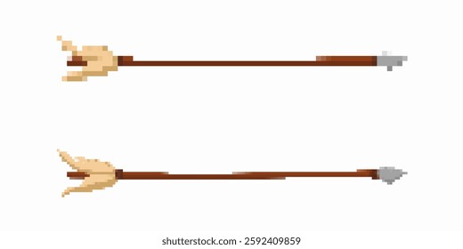 Two pixel art arrows with unique tips. they have brown wooden shafts, showcasing minimalist design.