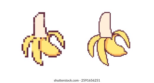 Two pixel art bananas with yellow peel in retro style, showcasing creativity in digital design.