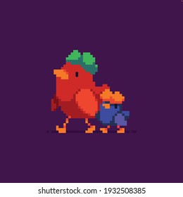 Two pixel art birds, parent and kid walking together