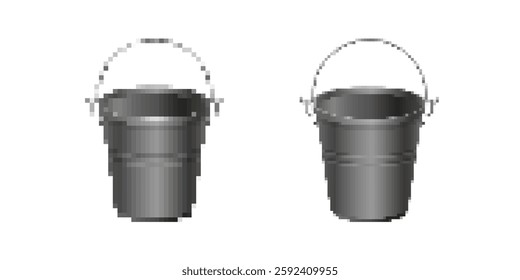 Two pixel art buckets side by side, both with handles. they have a shiny metal surface.