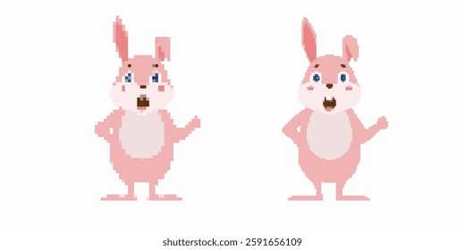 Two pixel art cartoon rabbits with pink fur and blue eyes, showing expressions of joy and surprise.