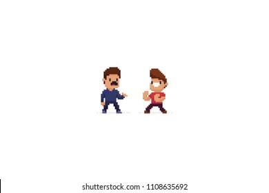 Two pixel art characters, avoiding fight and ready to fight