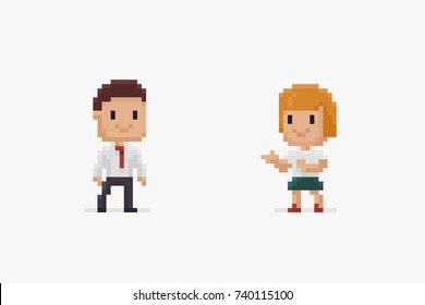 Two pixel art characters, male and female, in office dress isolated on white background