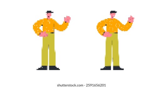 Two pixel art characters wearing yellow shirts and green pants, each raising one hand.