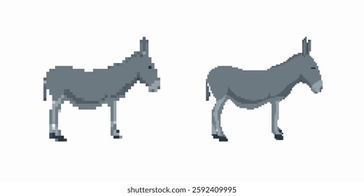 Two pixel art donkeys stand side by side. both are facing right in this simple digital design.