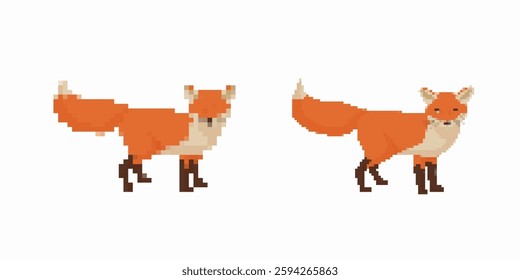 Two pixel art foxes with orange fur and bushy tails are standing in simple and static poses.