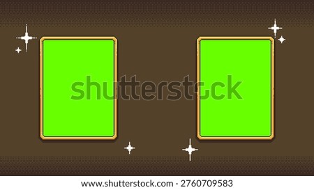 Two pixel art frames with green screen centers. Retro interface elements for layouts, overlays and game UI, vector illustration.
