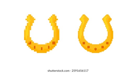 Two pixel art golden horseshoes displayed, showcasing a retro digital aesthetic with bold color use.